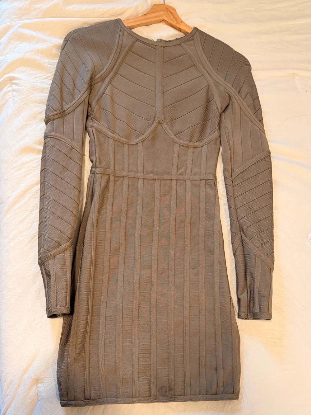 House of CB Taupe Long-Sleeve Ribbed Bodycon Dress